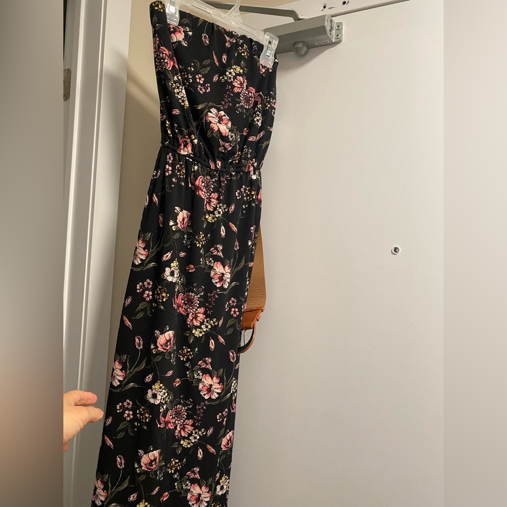Floral Black off shoulder Dress with Brown Belt